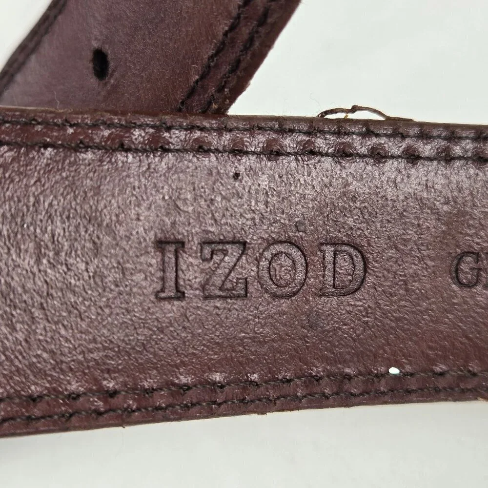 IZOD Size 40 Men's Brown Leather Belt Brushed Silver Tone Hardware